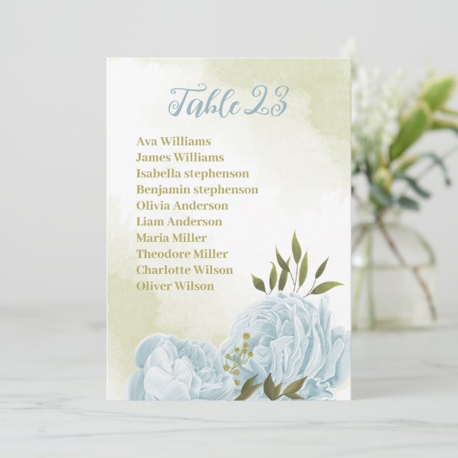 pretty blue flowers greenery seating chart card (Standing Front)