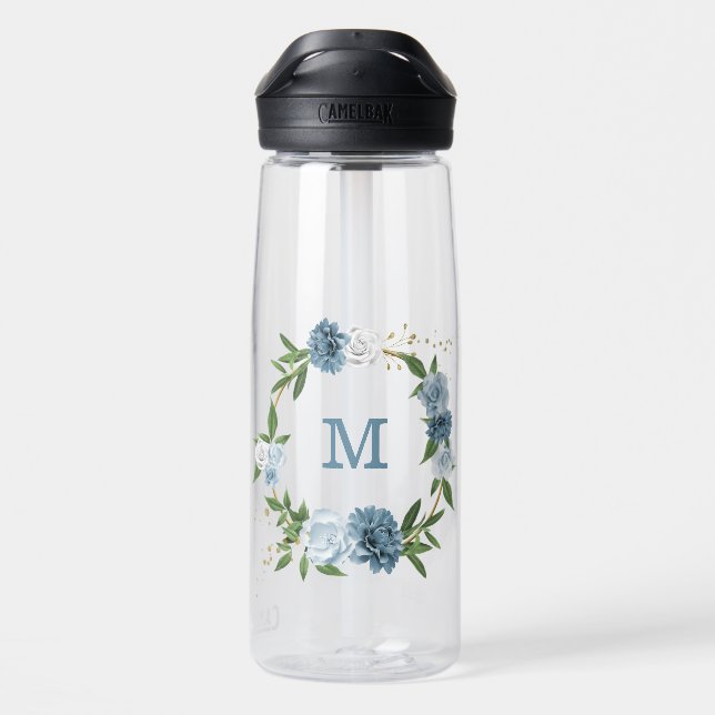 pretty blue flowers greenery  water bottle (Back)