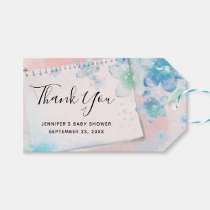 Pretty Blue Flowers on Pink Background Baby Shower Gift Tags