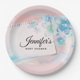 Pretty Blue Flowers on Pink Background Baby Shower Paper Plate