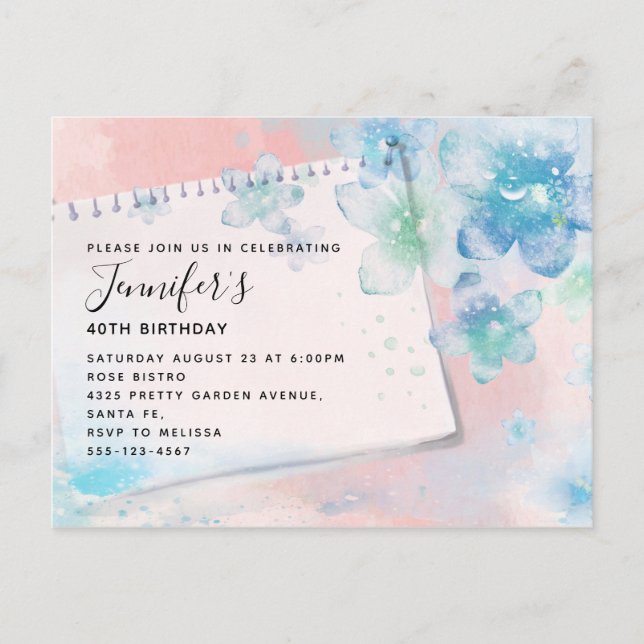 Pretty Blue Flowers on Pink Background Birthday Invitation Postcard (Front)