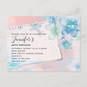 Pretty Blue Flowers on Pink Background Birthday Invitation Postcard