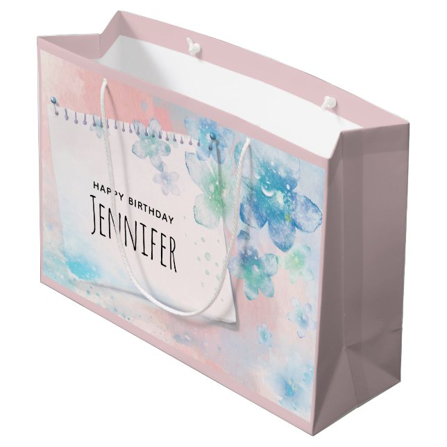 Pretty Blue Flowers on Pink Background Birthday Large Gift Bag (Back Angled)
