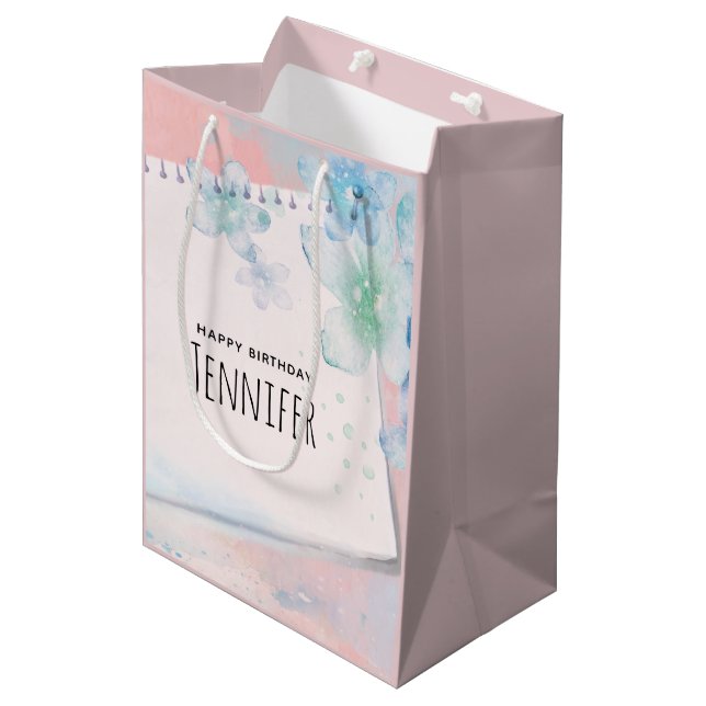 Pretty Blue Flowers on Pink Background Birthday Medium Gift Bag (Front Angled)