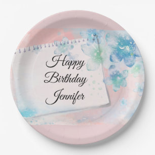  Pretty Blue Flowers on Pink Background Birthday Paper Plate