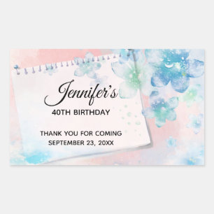 Pretty Blue Flowers on Pink Background Birthday Rectangular Sticker