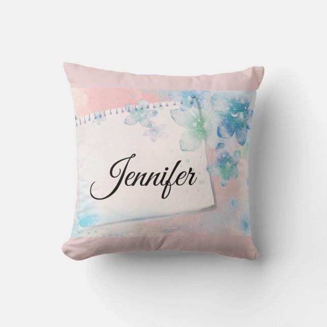 Pretty Blue Flowers on Pink Background Cushion (Front)