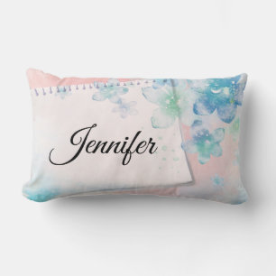 Pretty Blue Flowers on Pink Background Lumbar Cushion