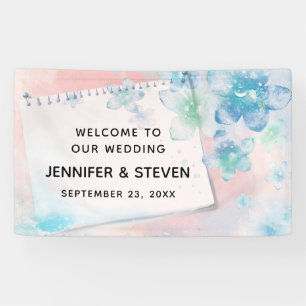 Pretty Blue Flowers on Pink Background Wedding Banner