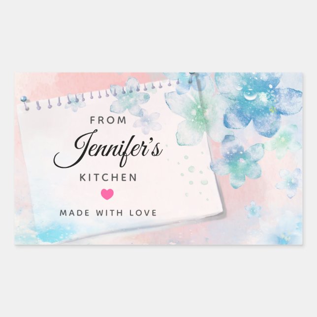 Pretty Blue Flowers on Pink Kitchen Rectangular Sticker (Front)