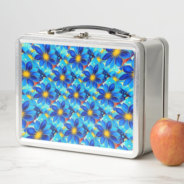 Pretty Blue Flowers Pattern Metal Lunch Box (In Situ)