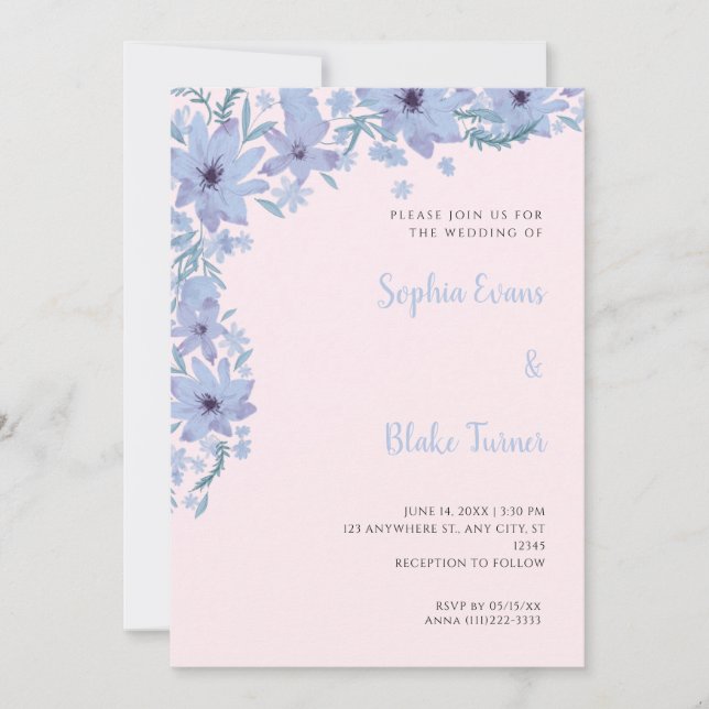 Pretty Blue Flowers Romantic Soft Pink Wedding Invitation (Front)
