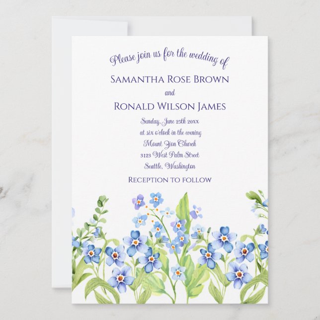 Pretty Blue Forget Me Not Watercolor Wedding Invitation (Front)