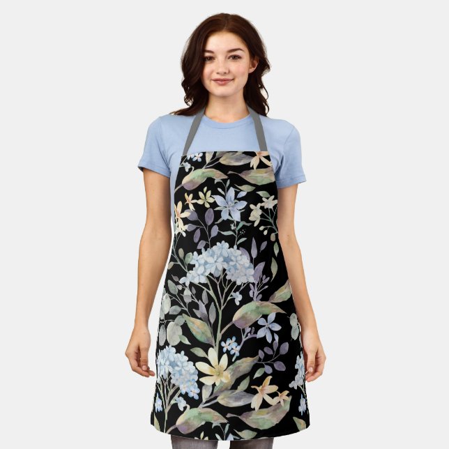 Pretty Blue Garden Floral Kitchen Cooking Apron (Worn)