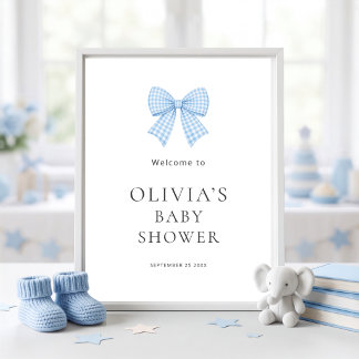 Pretty Blue Gingham Bow Welcome Baby Shower Poster