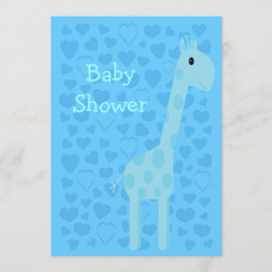 Pretty Blue Giraffe Baby Shower & Hearts Boy Cute Invitation