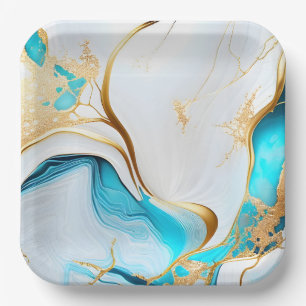 Pretty Blue Gold White Marble Design Paper Plate