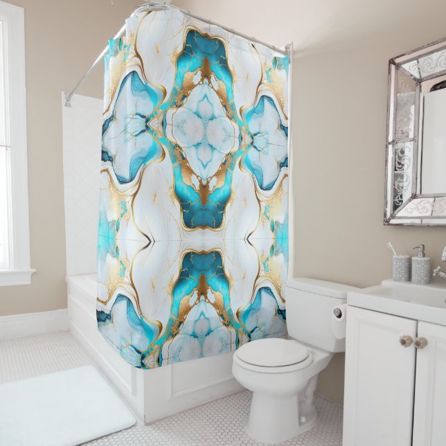 Pretty Blue Gold White Marble Design Shower Curtain (In Situ)