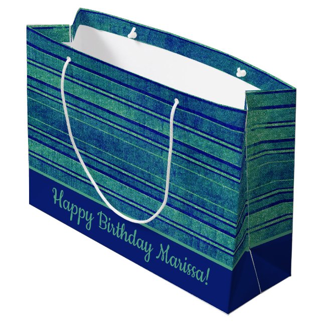 Pretty Blue Green Distressed Stripes Pattern Large Gift Bag (Back Angled)