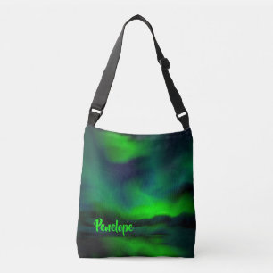 Pretty Blue Green Northern Lights and Your Name Crossbody Bag
