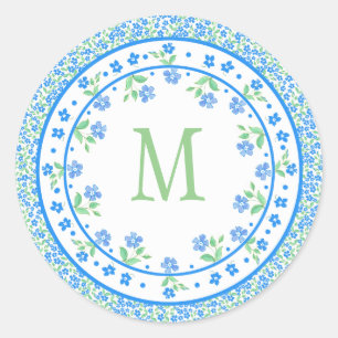 Pretty Blue Green Periwinkles Floral Round Border Classic Round Sticker