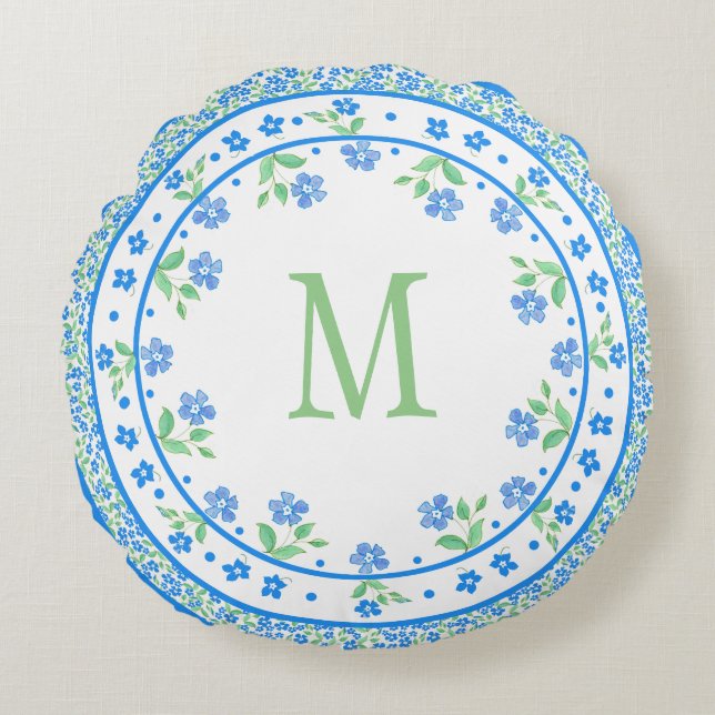 Pretty Blue Green Periwinkles Floral Round Border Round Cushion (Front)