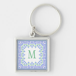 Pretty Blue Green Periwinkles Floral Square Border Key Ring