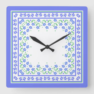 Pretty Blue Green Periwinkles Floral Square Border Wall Clock