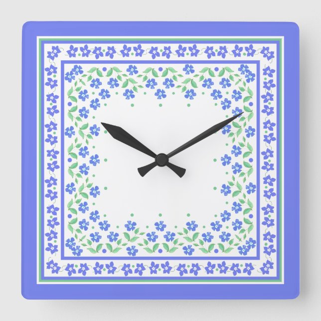 Pretty Blue Green Periwinkles Floral Square Border Wall Clock (Front)