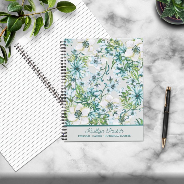 Pretty Blue/Green Watercolor Floral Personalised Notebook (Creator Uploaded)