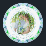 Pretty Blue Green Wedding Keepsake Photo Gift Magnet<br><div class="desc">Pretty Blue and Green Wedding Keepsake Photo Gift Magnets. In spring and summer colors of green and blue. A springtime and summertime modern geometric pattern round border surrounds the picture in the middle. Replace the photo on this budget friendly fridge magnet with a picture of your own wedding celebration. The...</div>