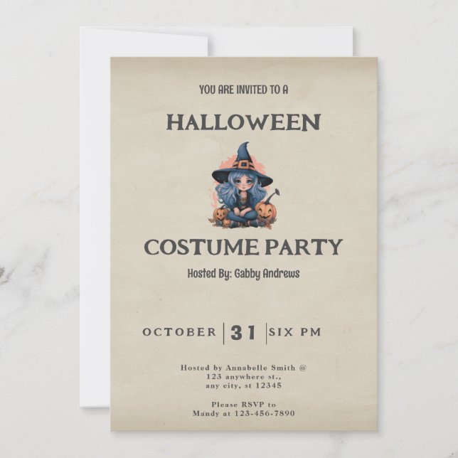 Pretty Blue Haired Witch Vintage Halloween Invitation (Front)