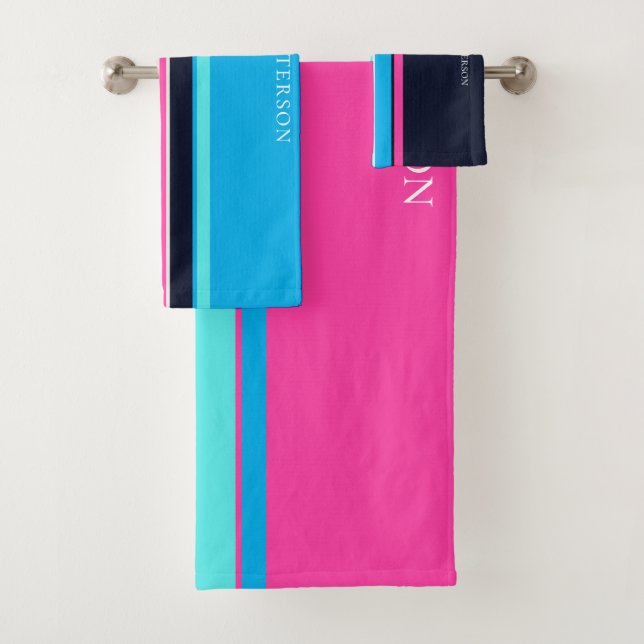 Pretty Blue & Hot Pink Line Style Personalised Bath Towel Set (Insitu)