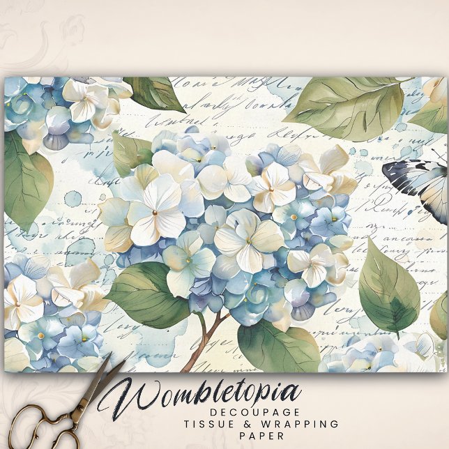 Pretty Blue Hydrangea Ephemera Script Decoupage Tissue Paper (Creator Uploaded)
