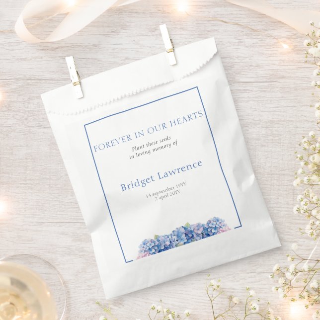Pretty blue hydrangea funeral seed packet favour bags (Clipped)