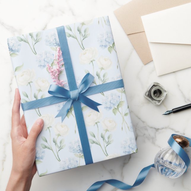 Pretty Blue Hyndrangea Flowers Wedding Wrapping Paper (Gifting)