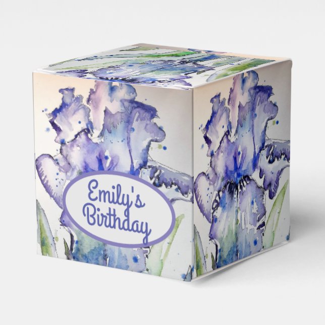 Pretty Blue Iris Floral Birthday Cake Favour Box (Front Side)