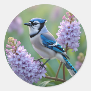 Pretty Blue Jay Standing on Lilac Branches Classic Round Sticker