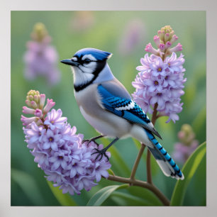 Pretty Blue Jay Standing on Lilac Branches Poster