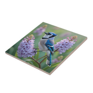 Pretty Blue Jay Standing on Lilac Branches Tile