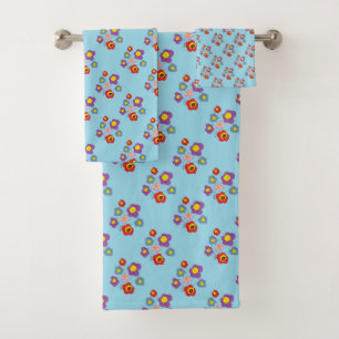 Pretty Blue Ladybug and Flowers Pattern Bath Towel Set