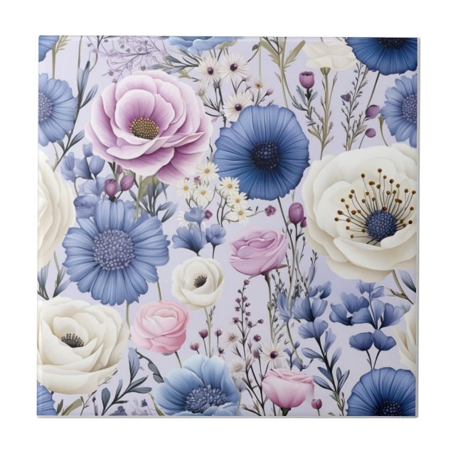 Pretty Blue Lavender Flowers Floral Design Tile (Front)