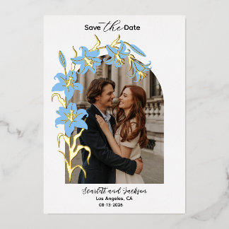 Pretty Blue Lily Floral Gold Foil Save The Date