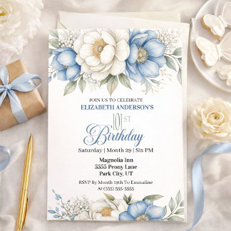 Pretty Blue Magnolia and Peony 101st Birthday Invitation