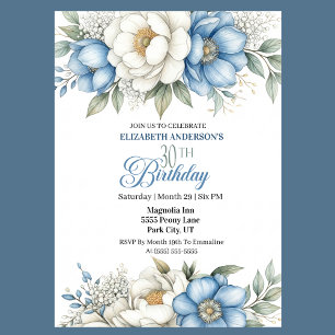 Pretty Blue Magnolia and Peony 30th Birthday Invitation