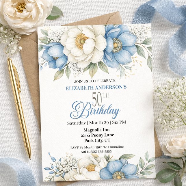Pretty Blue Magnolia and Peony 50th Birthday Invitation (Creator Uploaded)