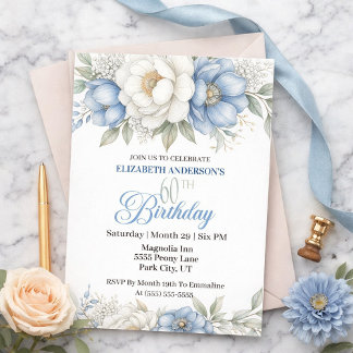 Pretty Blue Magnolia and Peony 60th Birthday Invitation