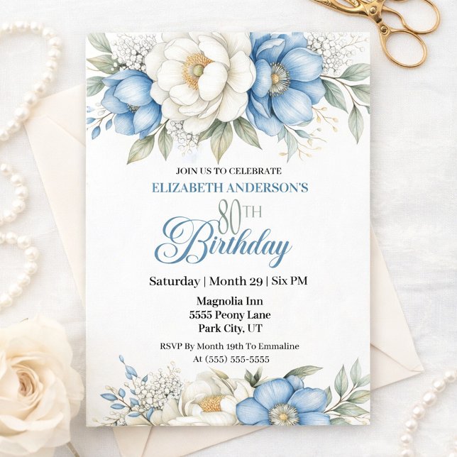 Pretty Blue Magnolia and Peony 80th Birthday Invitation (Creator Uploaded)