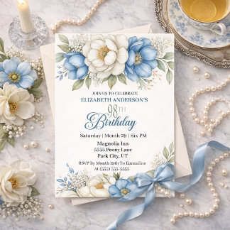 Pretty Blue Magnolia and Peony 98th Birthday Invitation