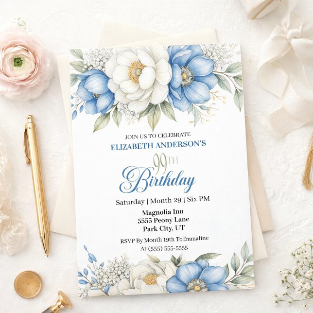 Pretty Blue Magnolia and Peony 99th Birthday Invitation (Creator Uploaded)